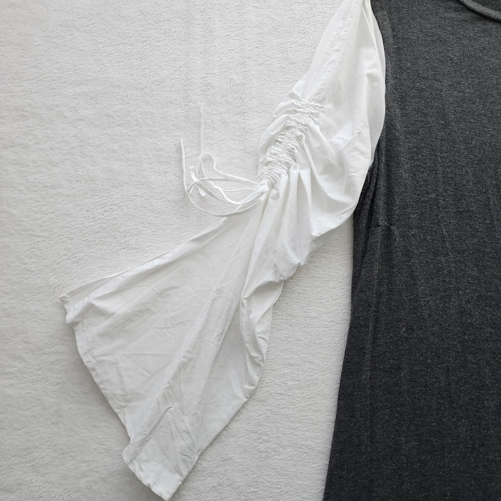 Shift Dress Womens Large Gray White Ruched Bell Sleeve Peasant Prairie Cottage - Picture 9 of 14